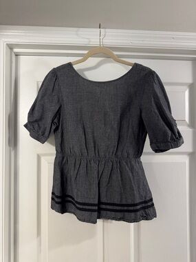 Tulle Charcoal Gray Peplum Blouse with Puff Sleeves